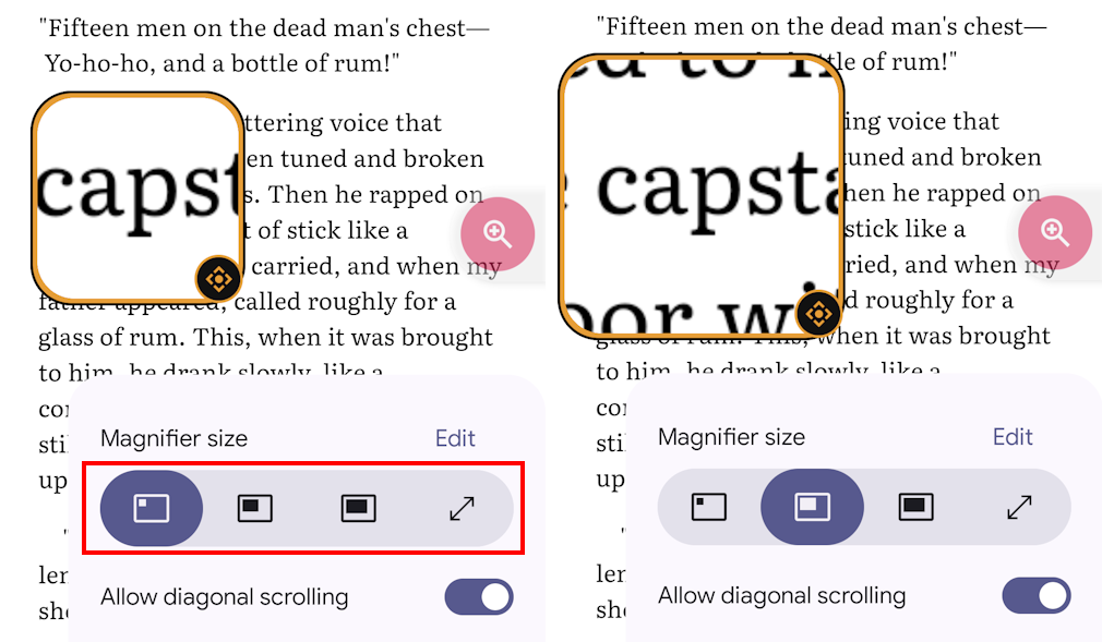 Tap the buttons under Magnifier Size to switch between the different magnifiers